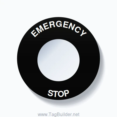 30mm Ring Tag – EMERGENCY STOP, Single-Line 60mm Round, White on Black ...